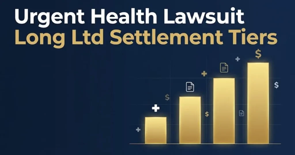 Urgent health lawsuit Long Ltd settlement tiers graphic with ascending gold bars on navy background