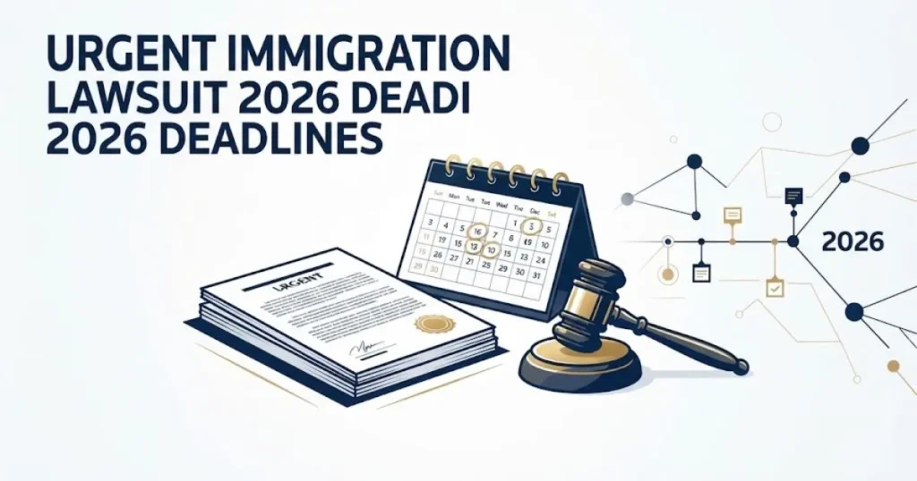 Urgent immigration lawsuit 2026 deadlines graphic with legal documents and calendar illustration