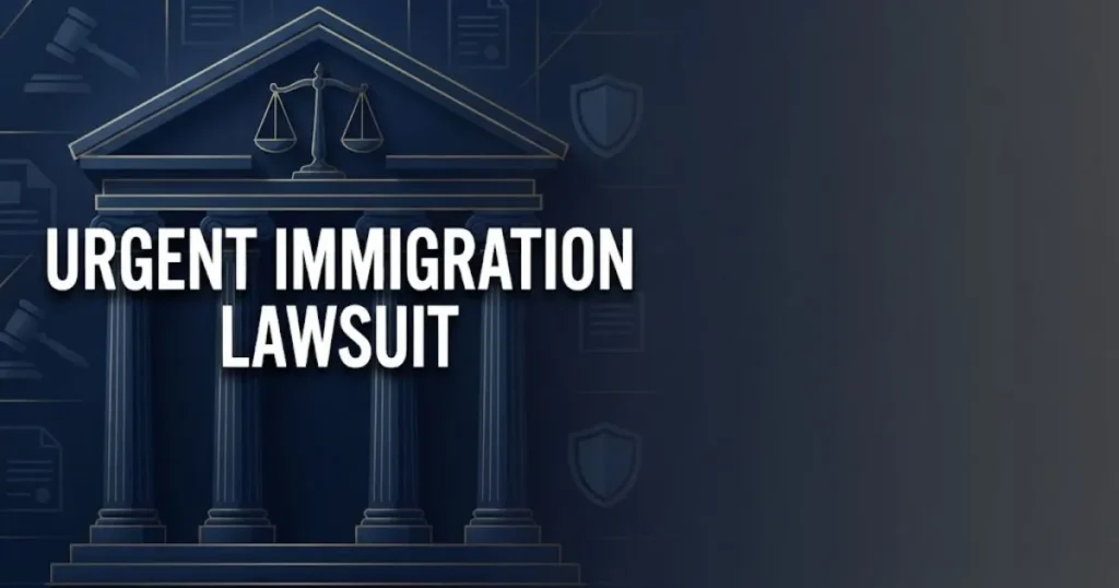 Urgent immigration lawsuit hero banner with federal courthouse graphic in navy and gold tones
