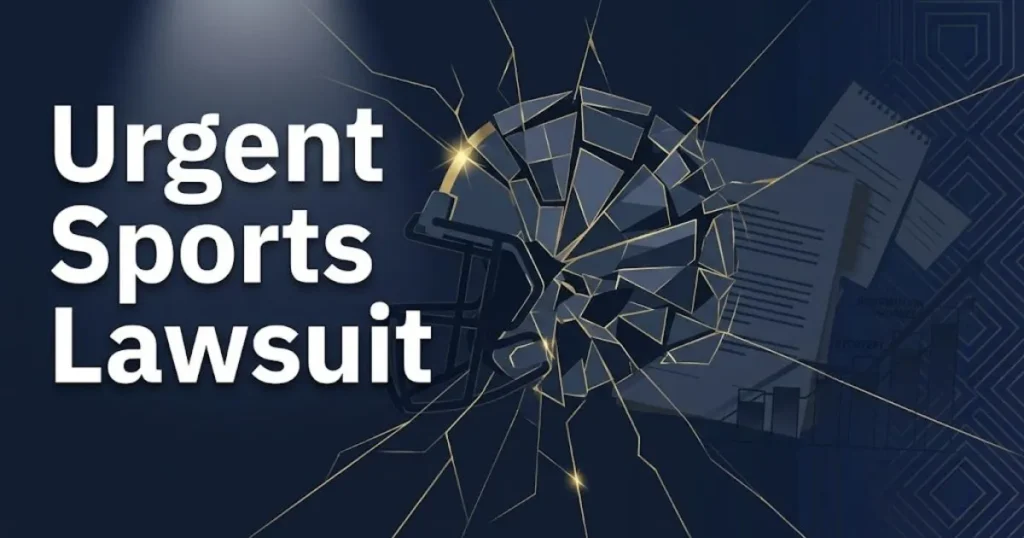 Urgent sports lawsuit hero banner with fractured helmet silhouette on dark navy background with gold accents