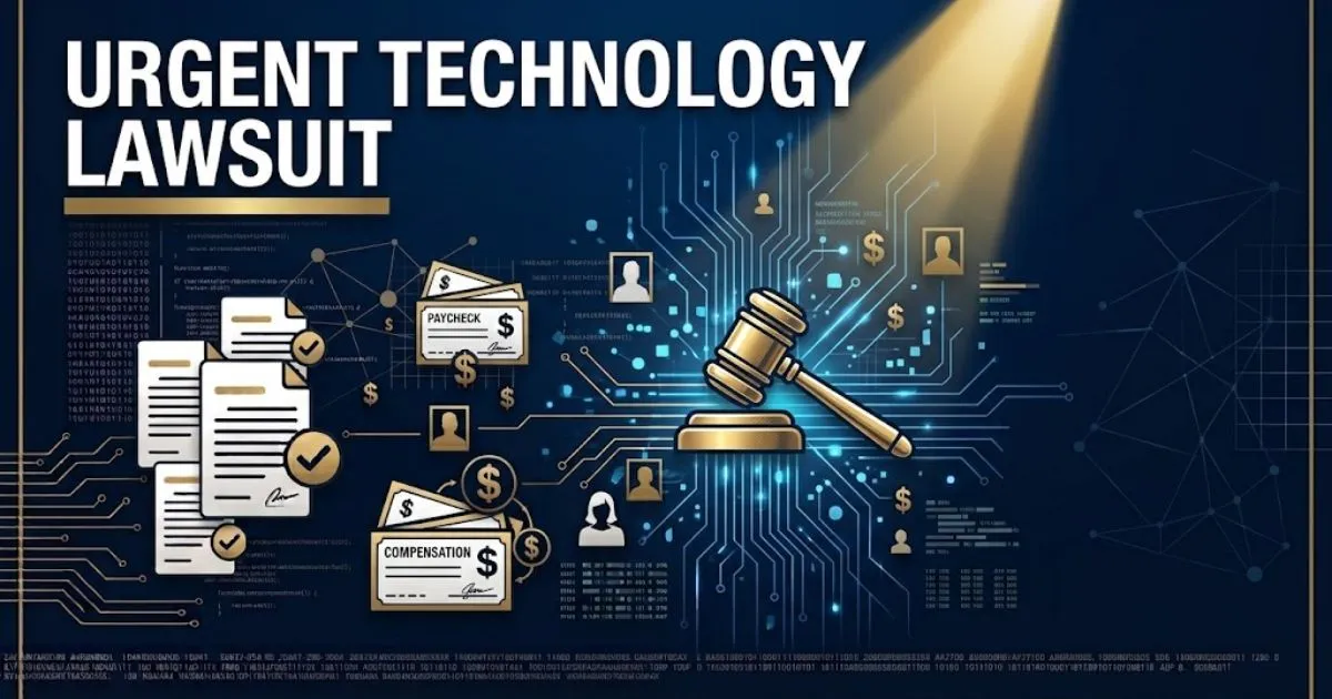 Urgent technology lawsuit hero banner with digital circuit background and golden gavel icon on