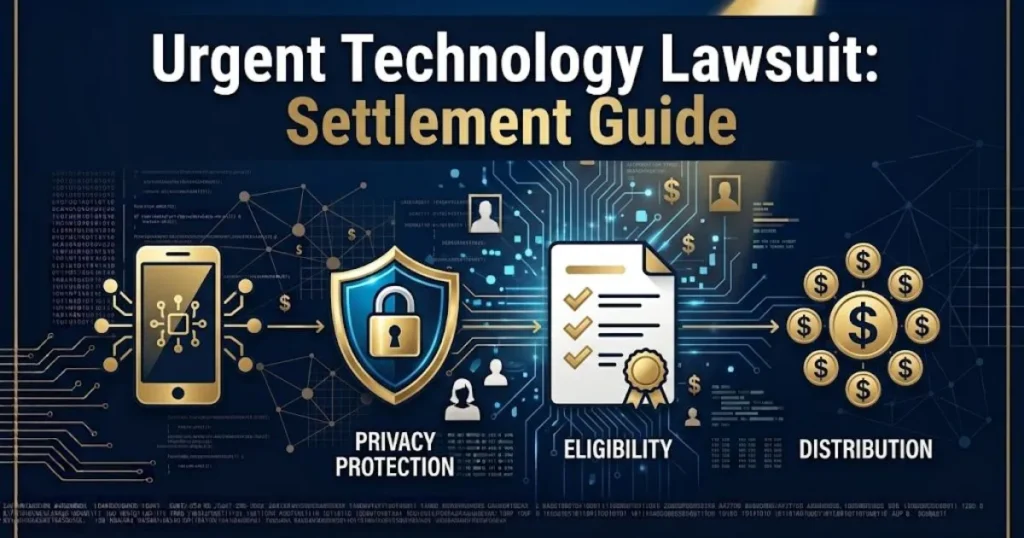 Urgent technology lawsuit settlement guide graphic with claim process icons on navy blue background