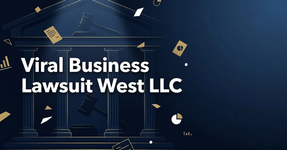 Viral business lawsuit West LLC hero banner with courthouse silhouette in navy and gold editorial style