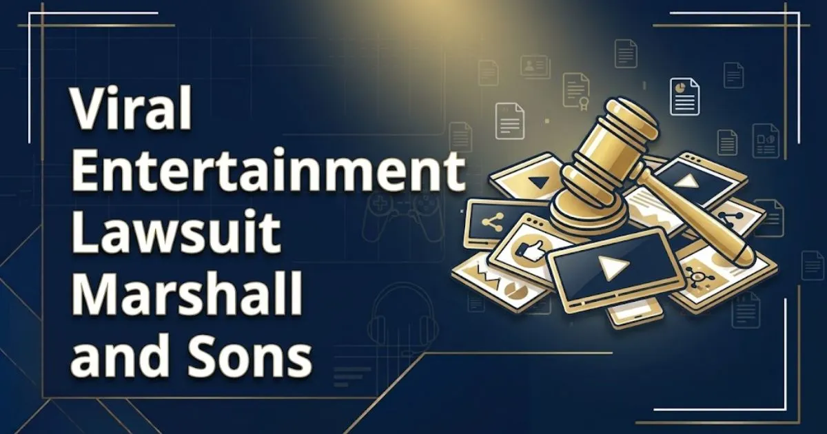 Viral entertainment lawsuit Marshall and Sons hero banner with gavel and digital screens in navy and gold