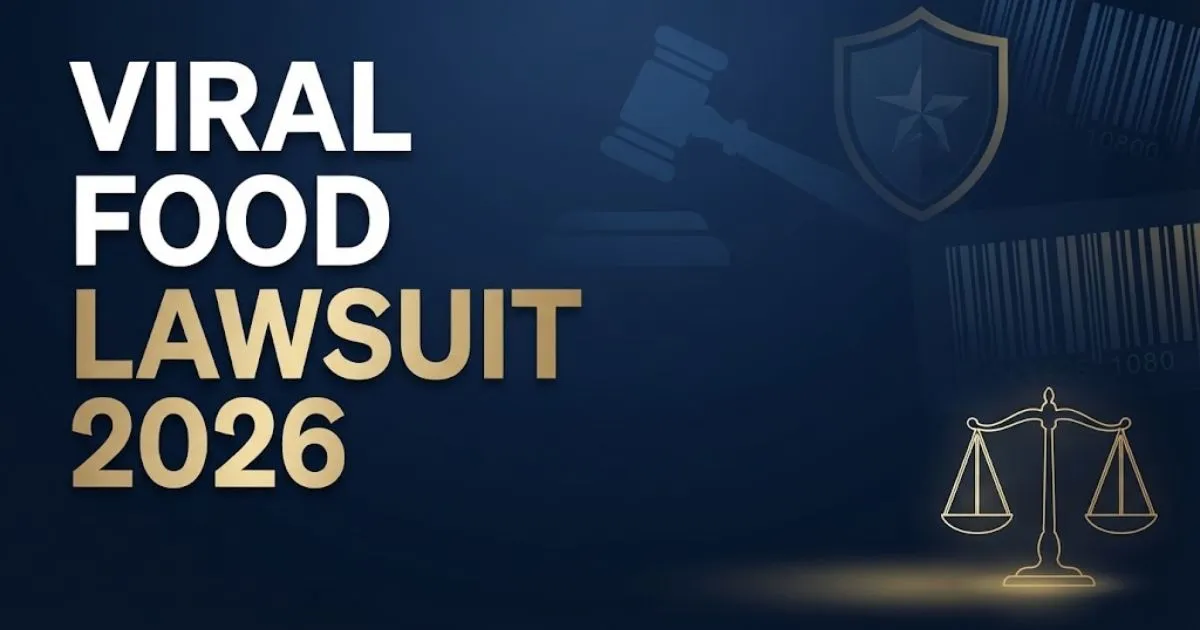 Viral food lawsuit 2026 hero banner with legal gavel and shield icons on navy background