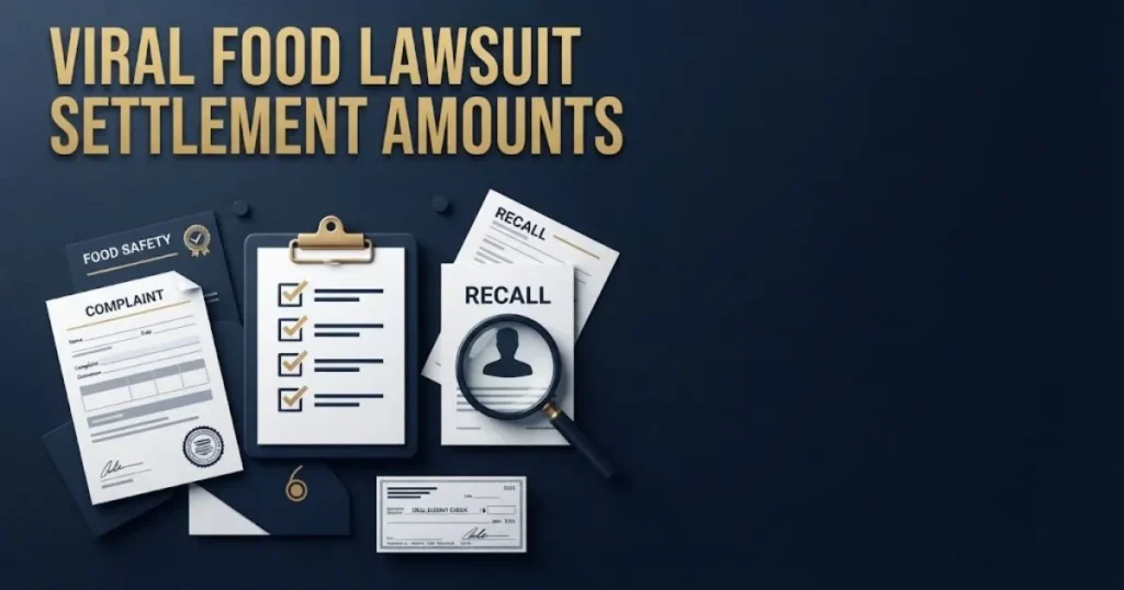 Viral food lawsuit settlement amounts graphic with recall documents and checklist on navy background