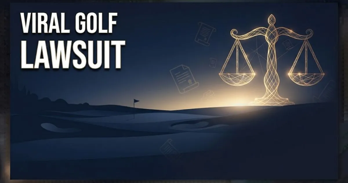 Viral golf lawsuit banner with navy golf course silhouette and golden scales of justice