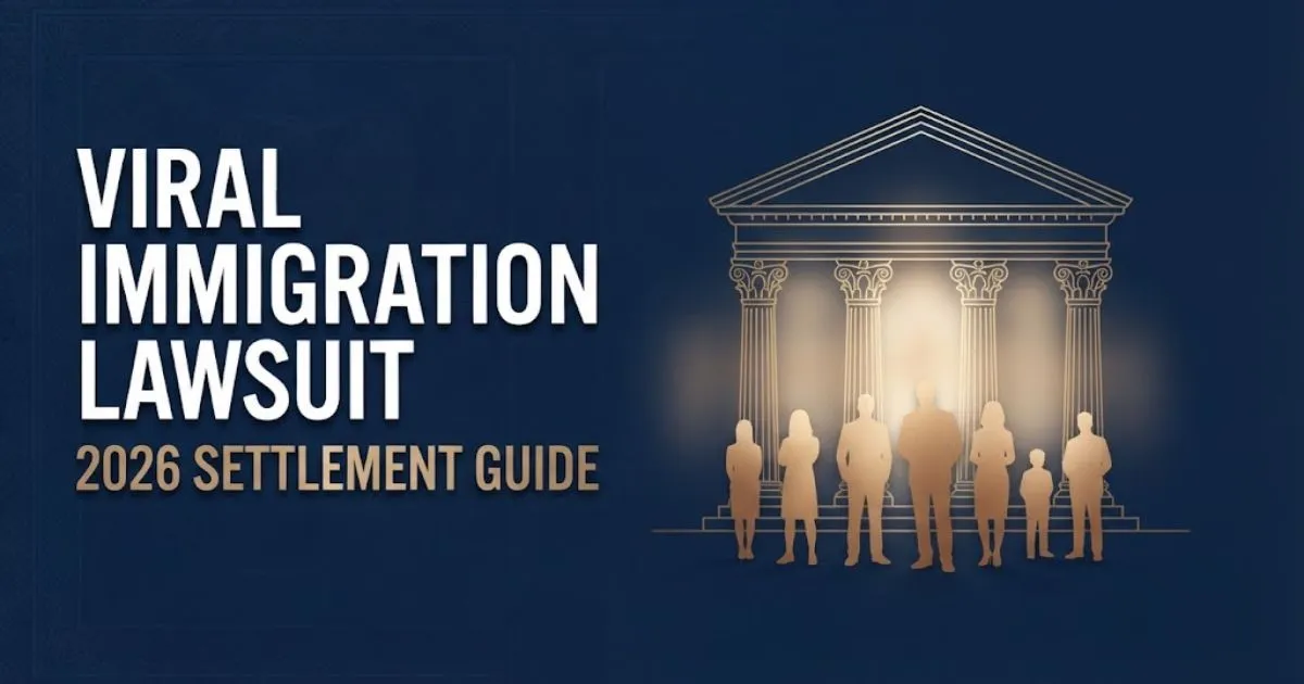 Viral immigration lawsuit banner with courthouse silhouettes and 2026 settlement guide headline in navy and gold