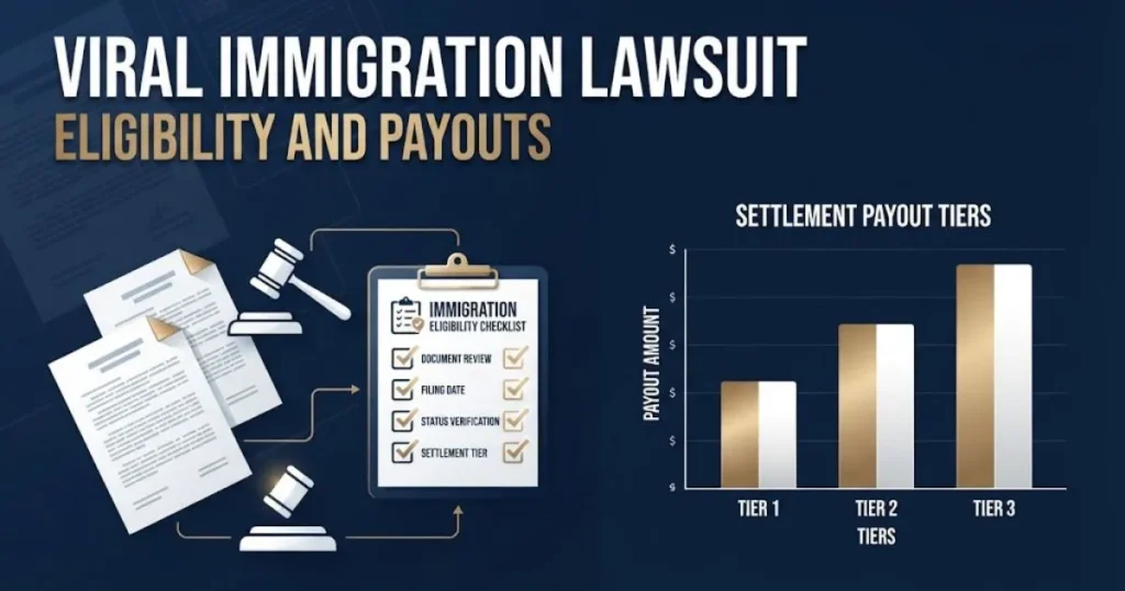 Viral immigration lawsuit eligibility and payouts graphic with legal documents and tier chart in navy and gold