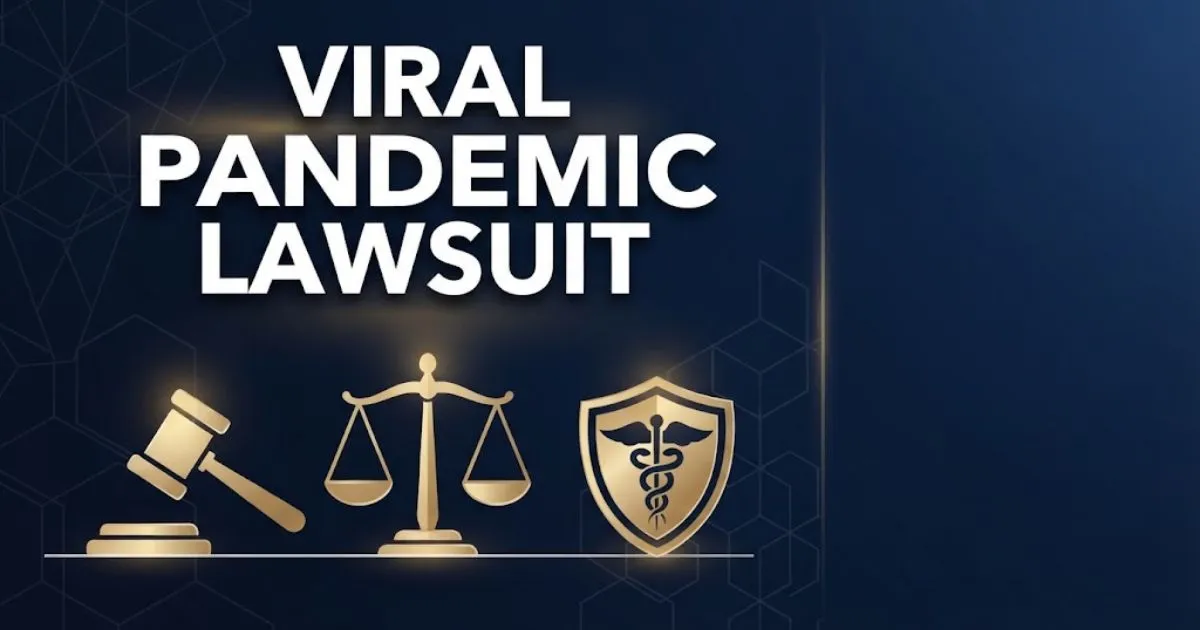 Viral pandemic lawsuit hero banner with gavel and scale icons on navy background