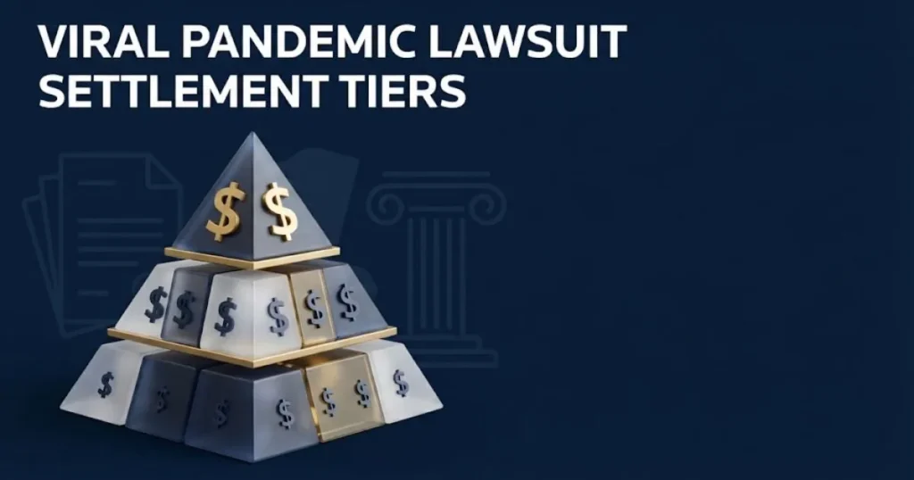Viral pandemic lawsuit settlement tiers graphic with pyramid diagram on navy background