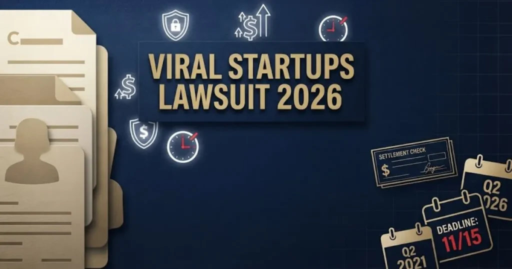 Viral startups lawsuit 2026 supporting graphic with settlement icons and deadline calendar on navy background