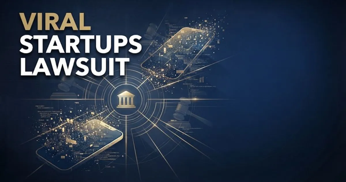 Viral startups lawsuit hero banner with gold headline text over dark navy legal themed abstract background