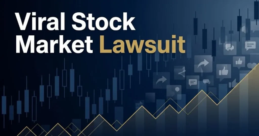 Viral stock market lawsuit banner with stock chart graphics and social media icons in navy and gold