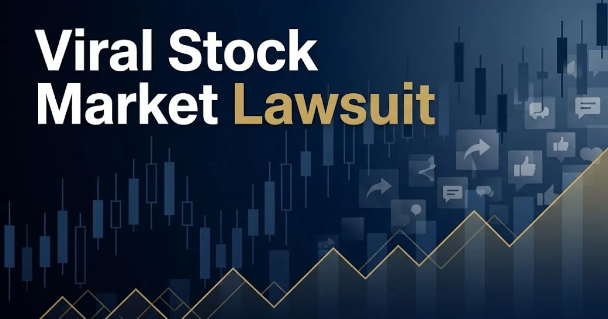 Viral stock market lawsuit banner with stock chart graphics and social media icons in navy and gold