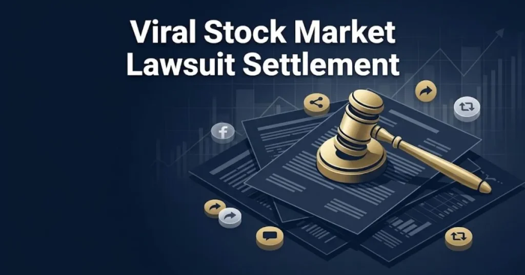Viral stock market lawsuit settlement graphic with gavel icon and financial documents in navy and gold