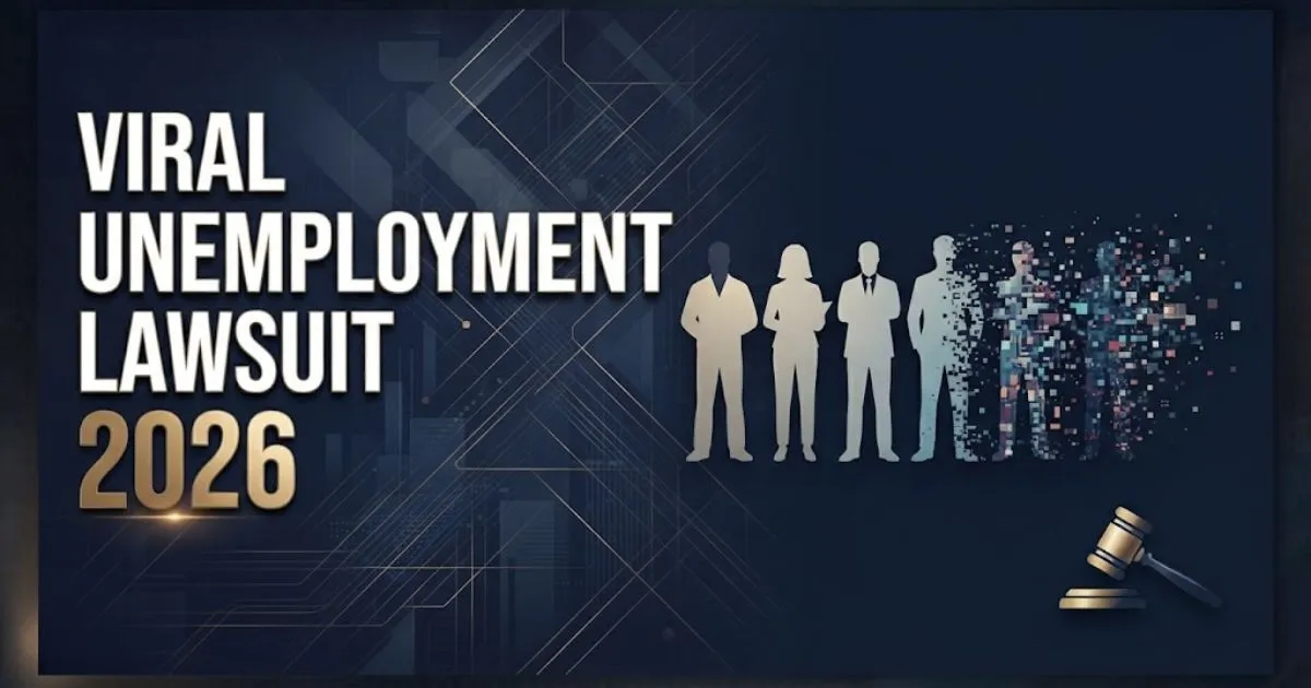 Viral unemployment lawsuit 2026 hero banner with abstract worker silhouettes and legal gavel icon on navy background