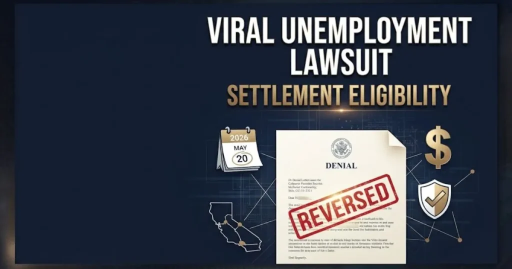 Viral unemployment lawsuit settlement eligibility graphic with reversed denial letter and legal icons on navy background