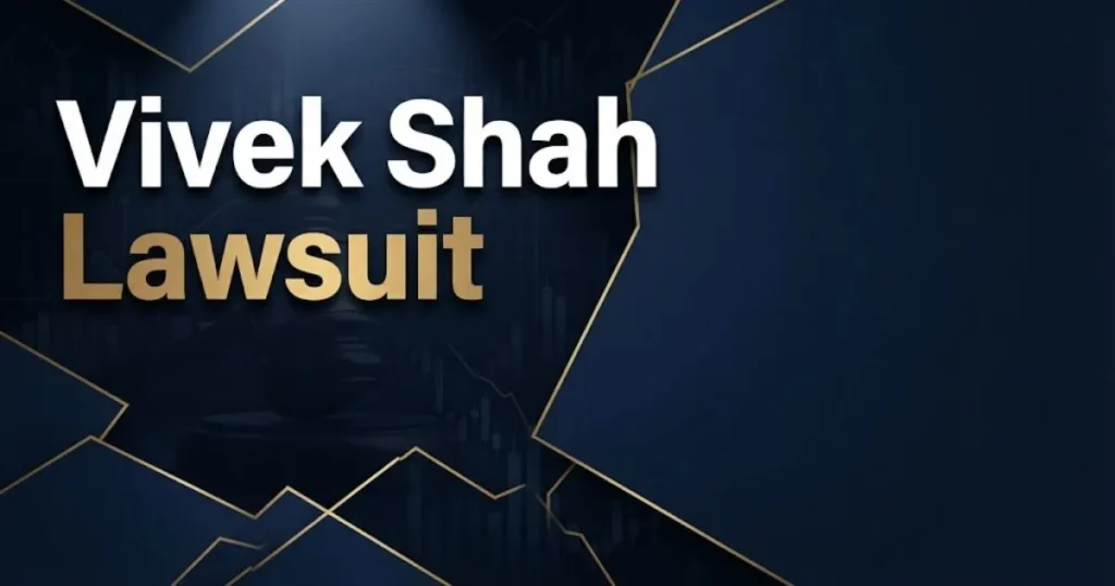 Vivek Shah lawsuit hero banner with gavel silhouette and financial chart graphics on navy background