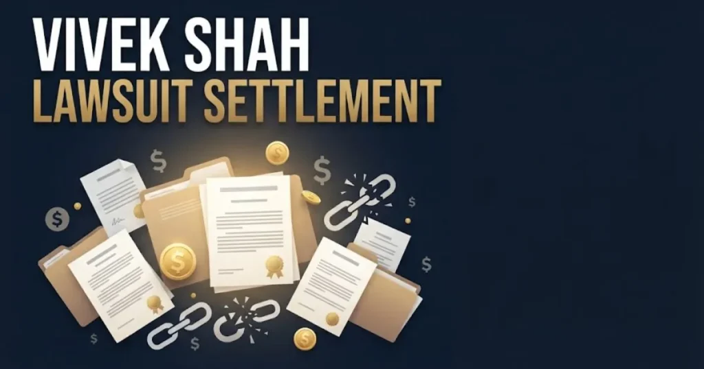 Vivek Shah lawsuit settlement graphic with legal documents and recovery symbols on dark navy background
