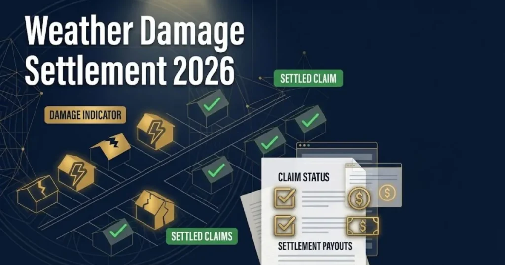 Weather damage settlement 2026 graphic showing neighborhood claims overview in navy and gold