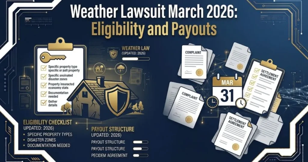 Weather lawsuit March 2026 eligibility and payouts graphic with checklist and house shield icon