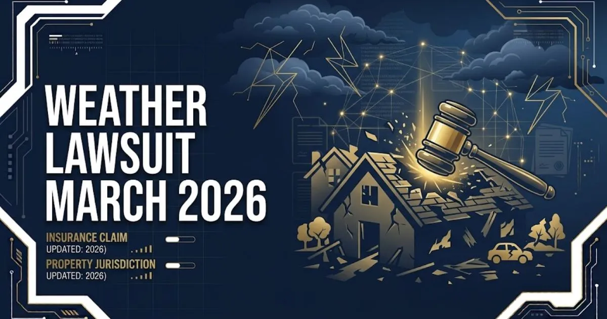 Weather lawsuit March 2026 hero banner with storm clouds and legal gavel icon on navy background