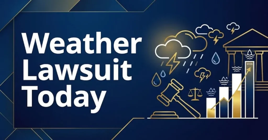 Weather lawsuit today hero banner with storm and gavel icons on navy background