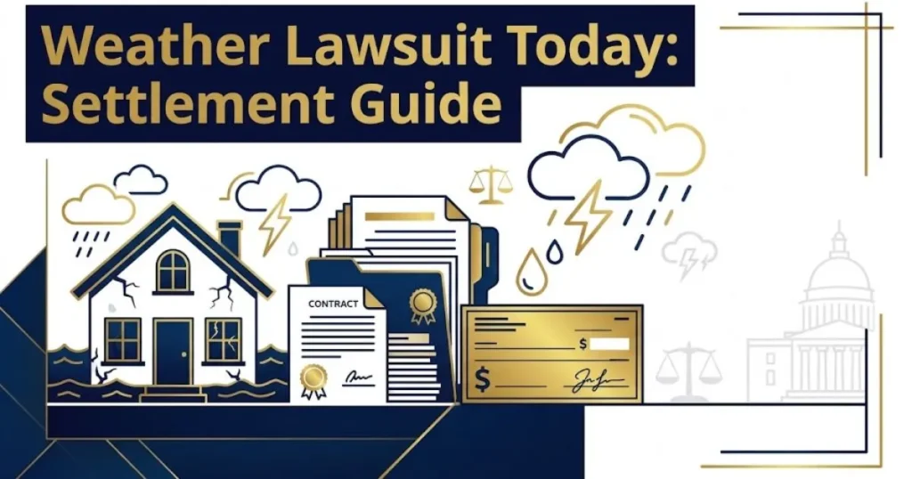 Weather lawsuit today settlement guide graphic with house and legal document icons