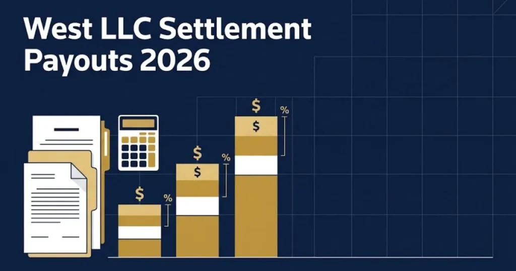 West LLC settlement payouts infographic showing three compensation tiers in navy and gold editorial design