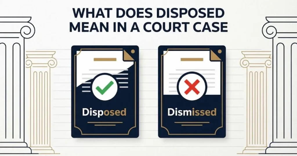 What doWhat does disposed mean in a court case comparison graphic showing disposed versus dismissed documentses disposed mean in a court case hero banner with legal symbols and navy background