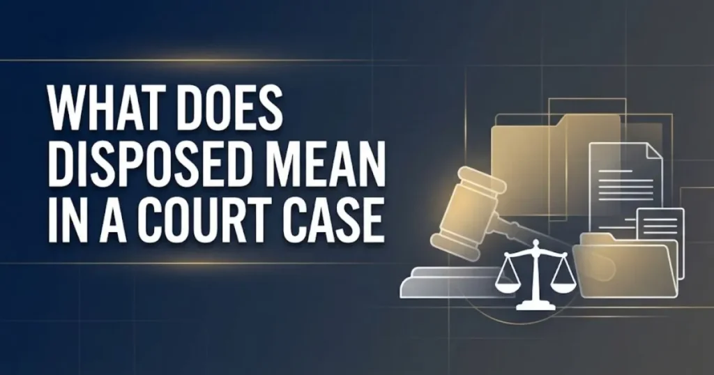 What does disposed mean in a court case hero banner with legal symbols and navy background
