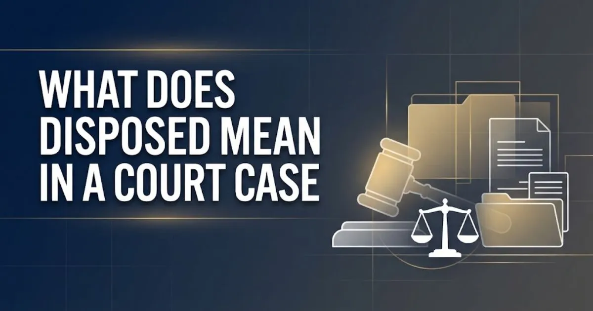 What does disposed mean in a court case hero banner with legal symbols and navy background