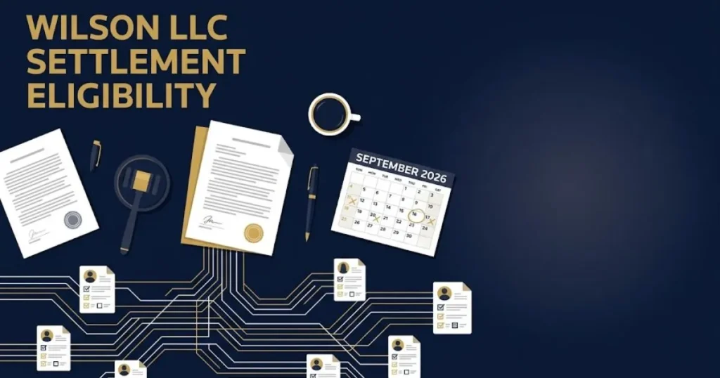 Wilson LLC settlement eligibility graphic with legal documents and September 2026 deadline calendar