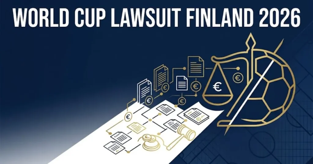 World cup lawsuit Finland 2026 supporting graphic with legal documents and euro symbols on navy