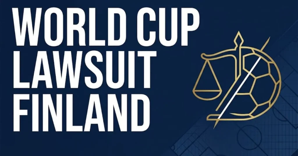 World cup lawsuit Finland hero banner with legal scales and football icon on navy background