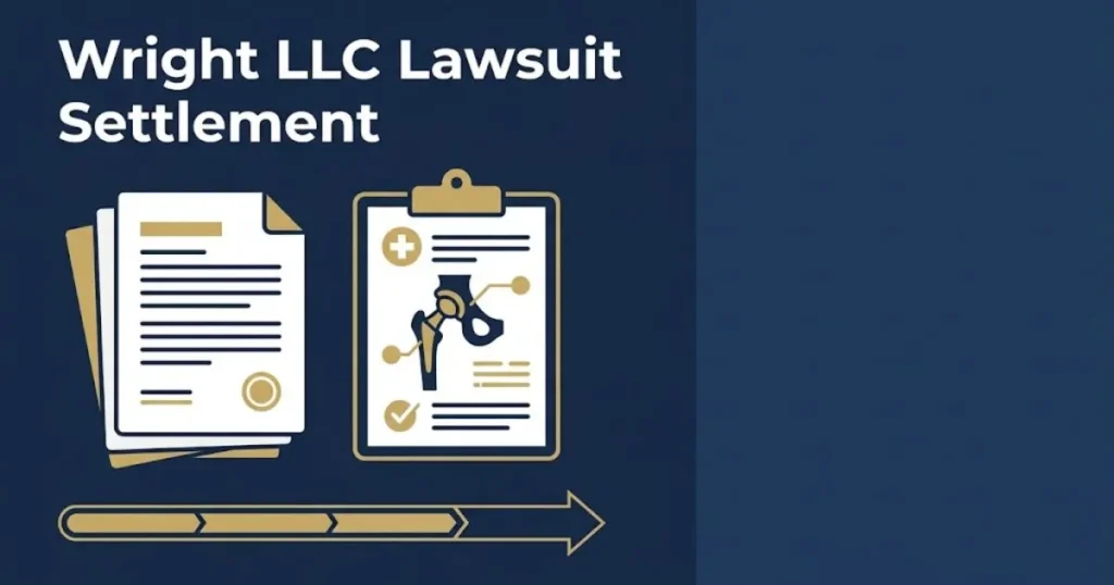 Wright LLC Lawsuit Settlement graphic with legal documents and hip implant diagram