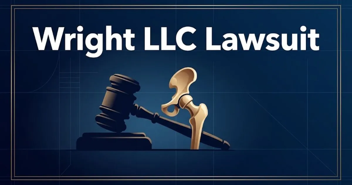 Wright LLC Lawsuit hero banner with gavel and hip implant icon on navy background