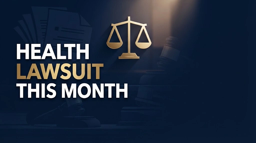 Health lawsuit this month hero banner with golden scales of justice on deep navy background for 2026 legal updates