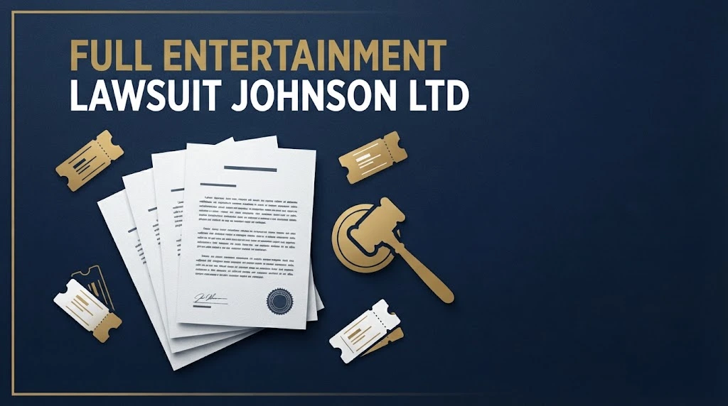 In-article graphic showing full entertainment lawsuit johnson ltd title over legal documents and ticket icons on navy background
