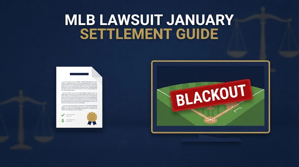 MLB Lawsuit January settlement guide graphic with legal document and blackout screen icons on navy background