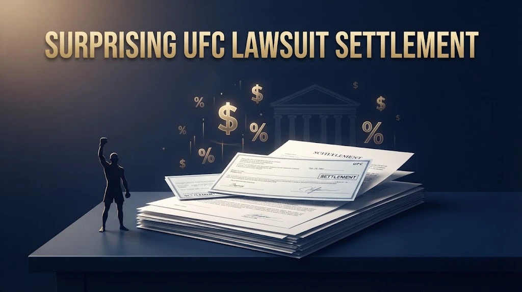 Surprising UFC lawsuit settlement graphic with legal documents and fighter silhouette on navy desk