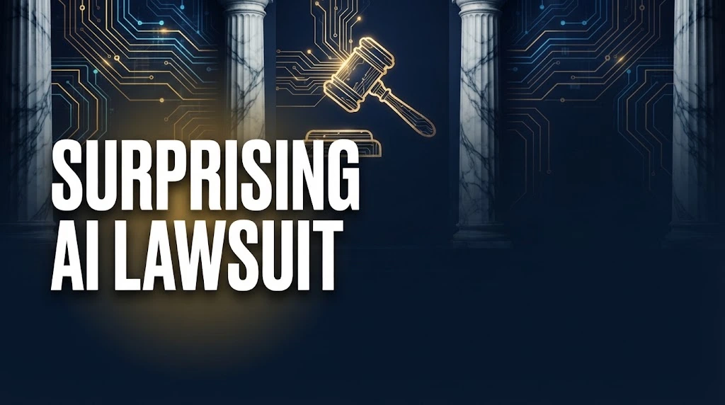 Surprising AI lawsuit hero banner with digital courtroom theme in navy and gold