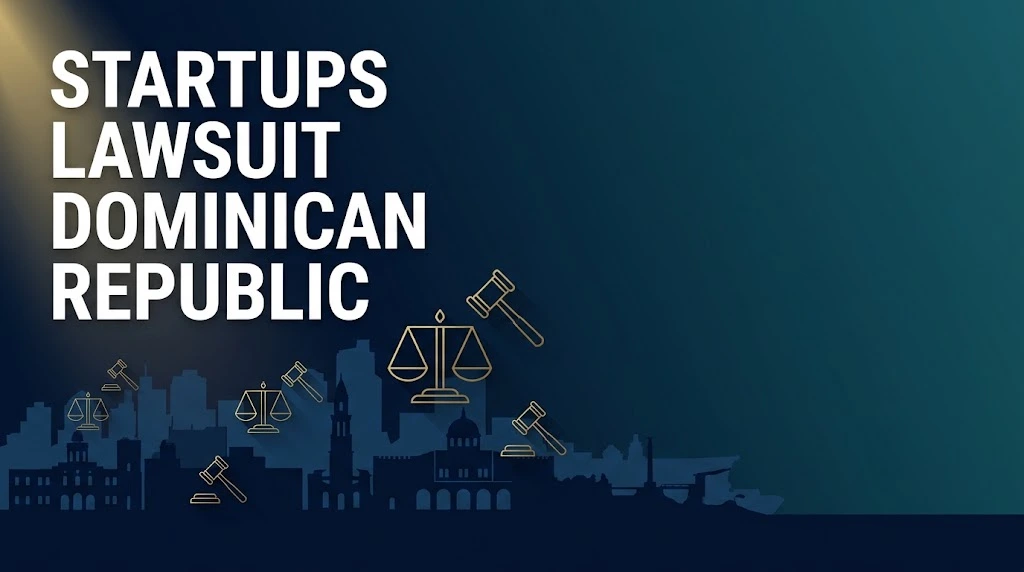 Startups lawsuit Dominican Republic hero banner with navy skyline silhouette and gold legal symbols