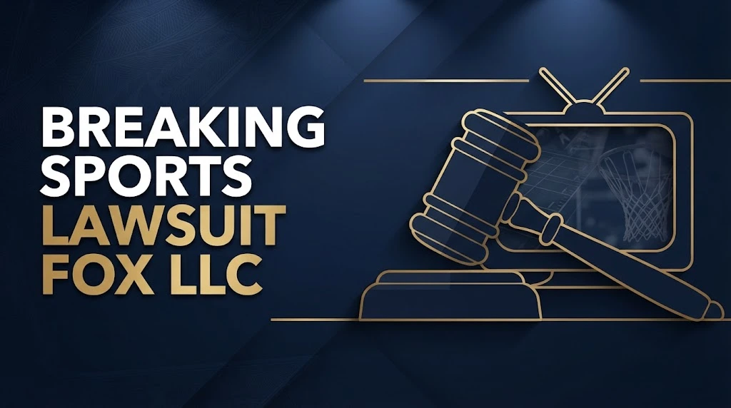 Breaking sports lawsuit Fox LLC hero banner with gavel and TV screen graphics on navy background