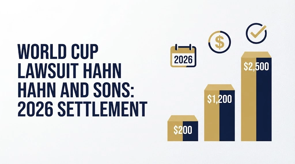 World Cup Lawsuit Hahn and Sons 2026 settlement payout tiers infographic with bar chart on white background