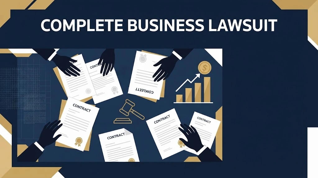 Complete business lawsuit settlement graphic with contracts and gavel on navy desk illustration





