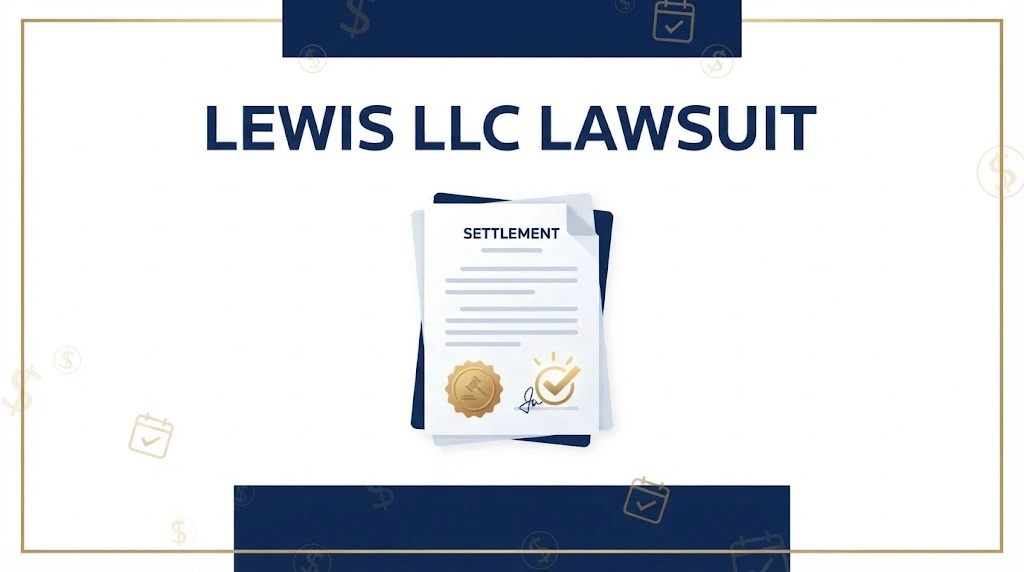lewis llc lawsuit settlement graphic with document illustration and gold seal on white background