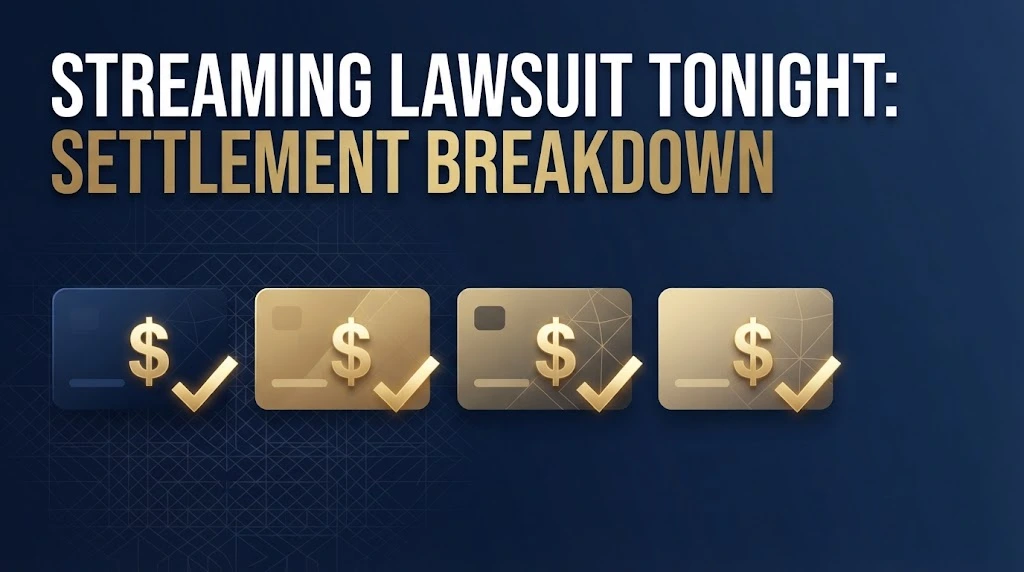 Streaming lawsuit tonight settlement breakdown infographic with four platform cards and dollar icons