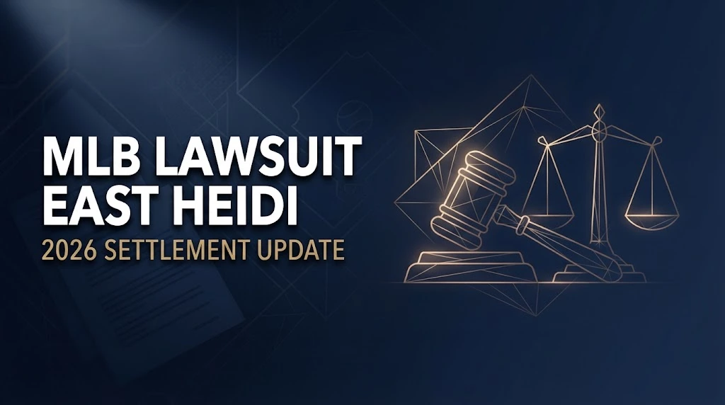 MLB lawsuit east heidi 2026 settlement update hero banner with legal scales and navy gold design